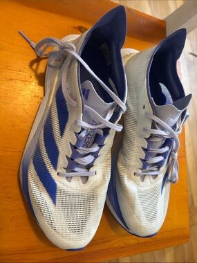 adidas White and Blue Adizero Performance Running Shoes